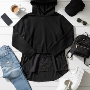 ✨ Black Mixed-Media Layered Hoodie - Drawstring Waist Peplum Hem - Size small